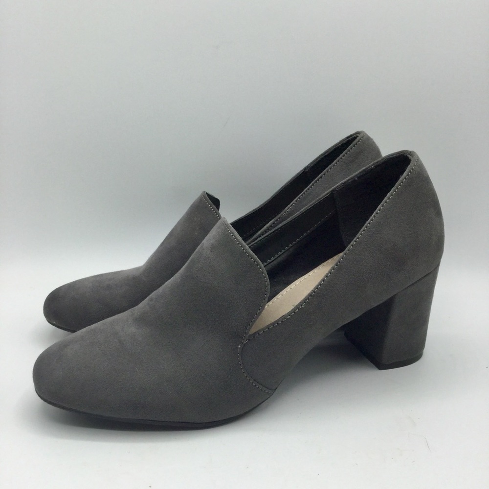 Women's Gray Suede Block Heel Slip-On Pumps